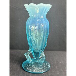 Vtg Northwood Dugan Aqua Blue Opalescent Glass Bud Vase Twigs Pattern 5" tall